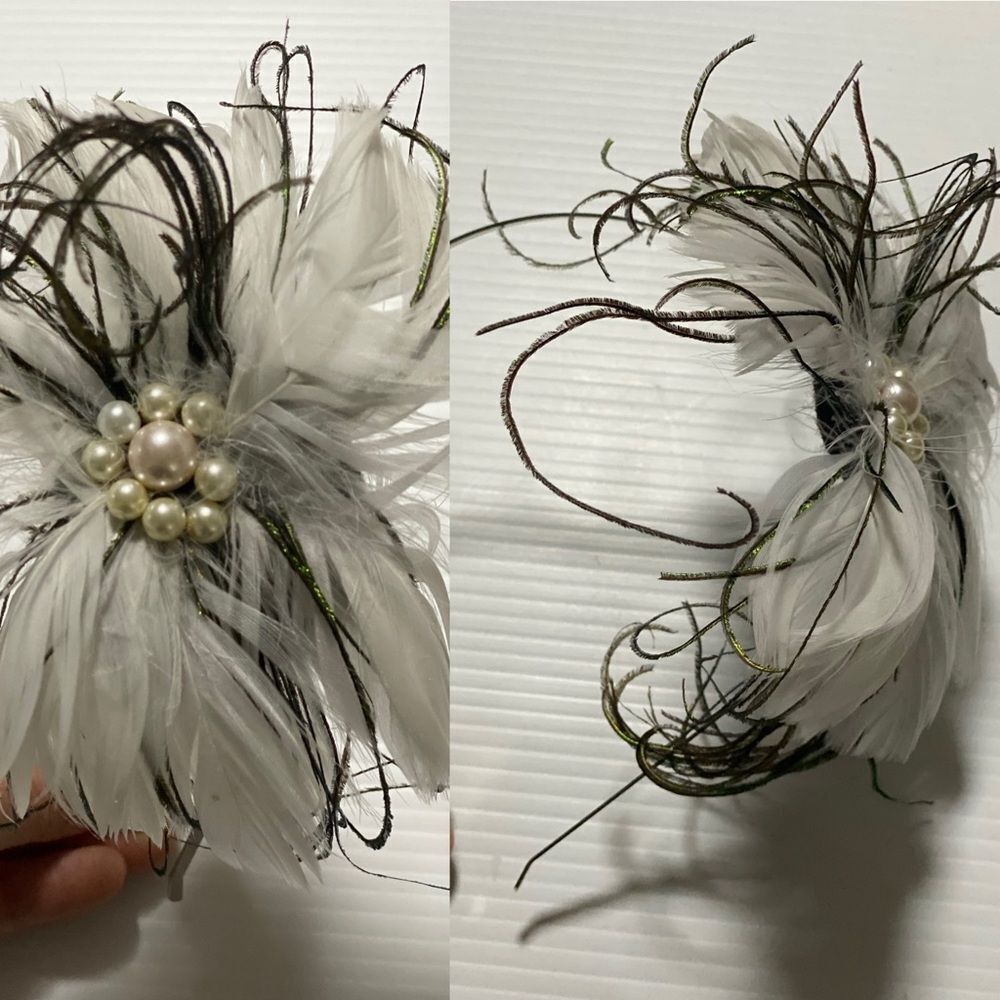 White Fascinator headband pearl feathers hair accessory wedding dance event